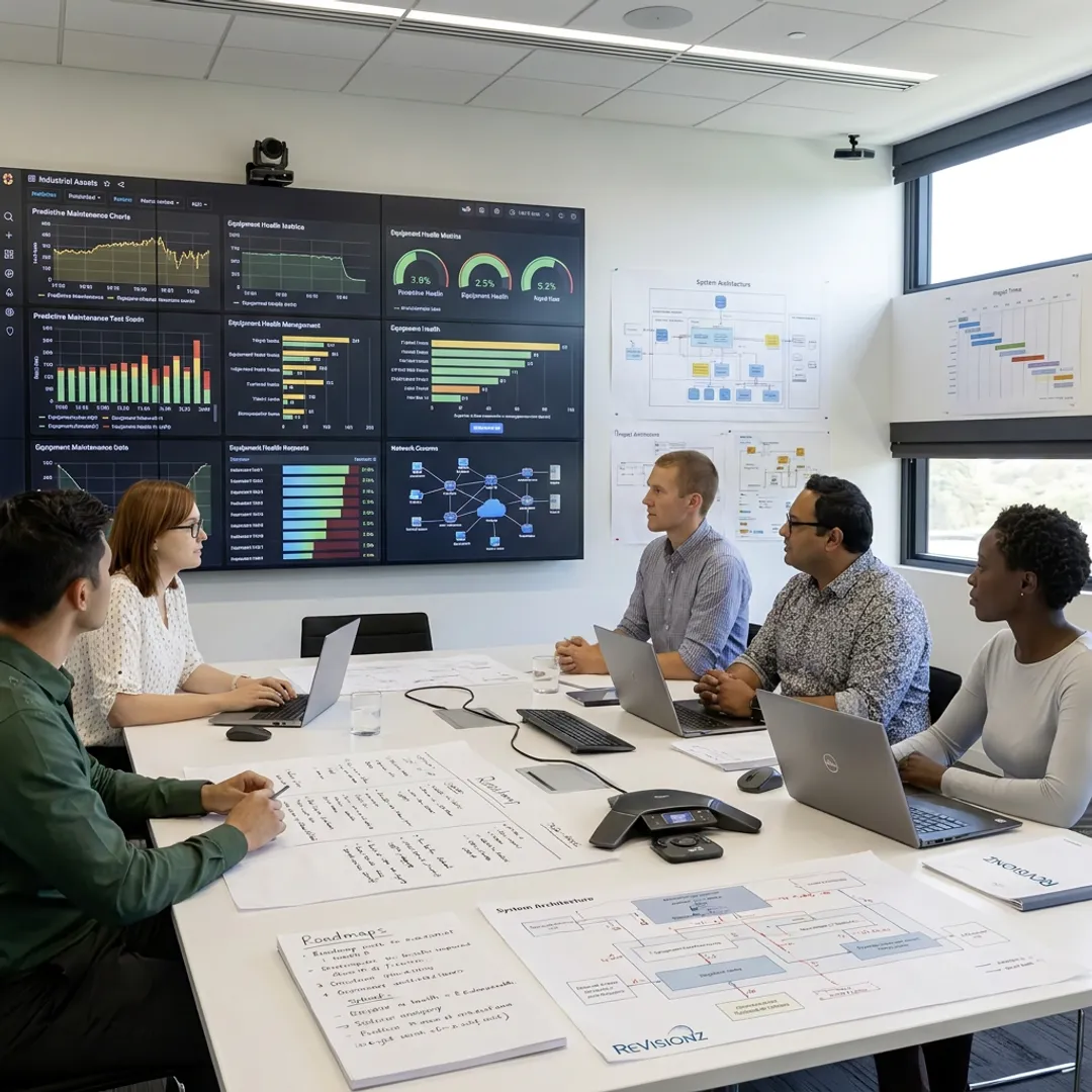 Consultants reviewing industrial digital transformation roadmap