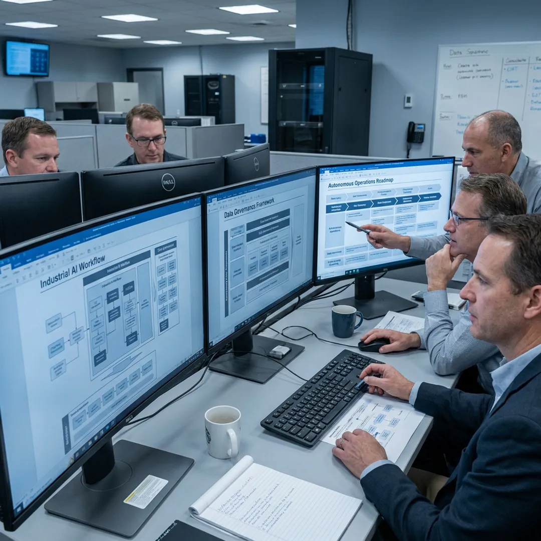 Industrial AI implementation team reviewing operational data workflows