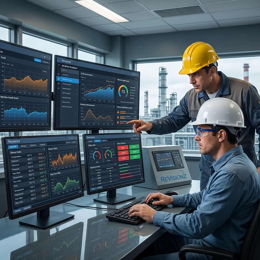 Industrial AI operations center with analytics dashboards