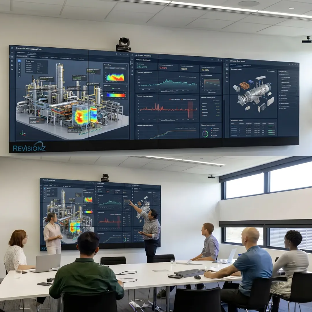 Industrial consultants reviewing AI and asset data dashboards