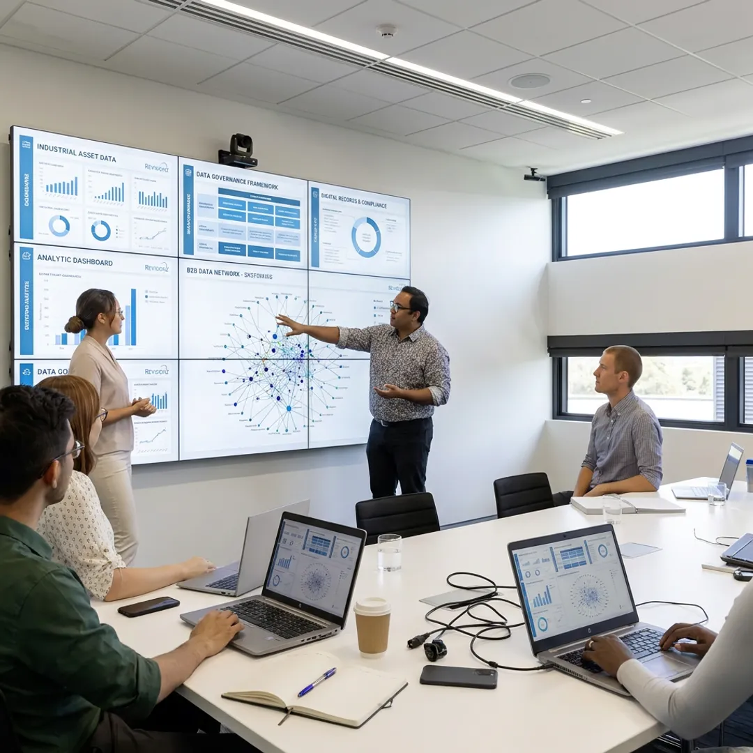 Data integrity consultants reviewing asset information dashboards