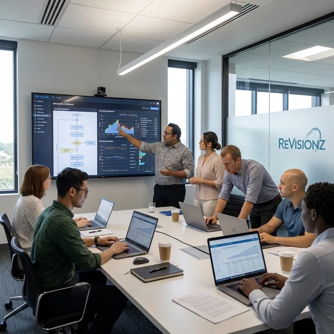 Consultants reviewing industrial data governance workflow