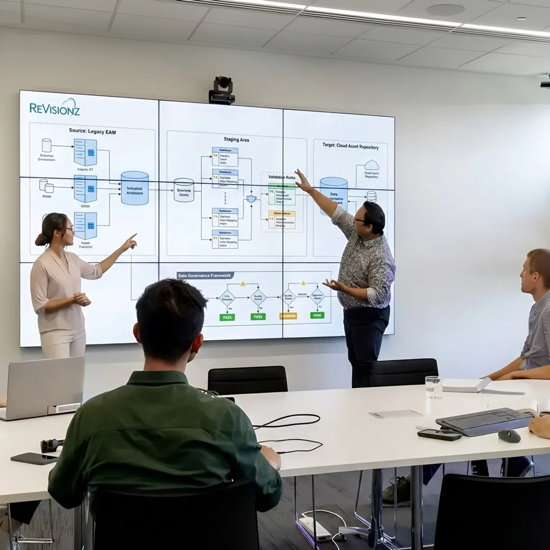 Consultants reviewing industrial data migration workflow