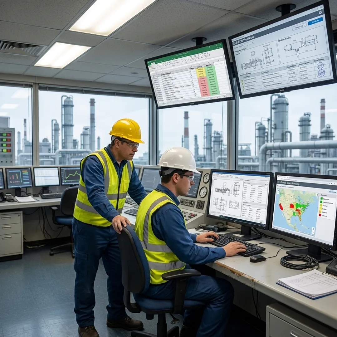 Engineering team reviewing digital change control workflow