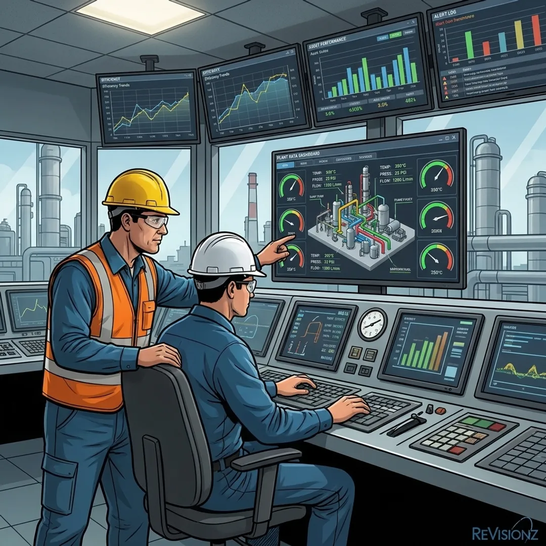 Modern plant operations team reviewing digital performance dashboards