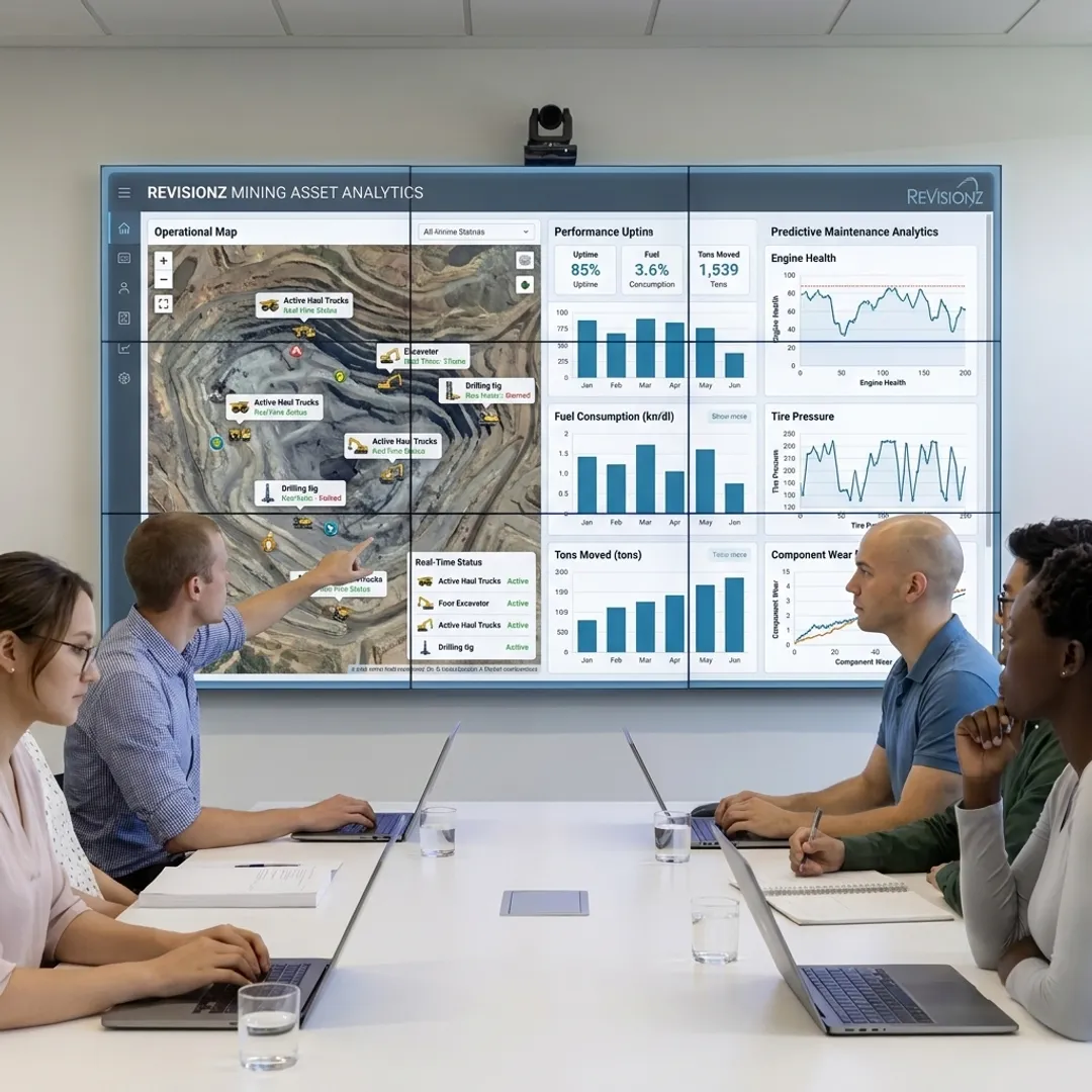 Mining operations control room with analytics dashboards