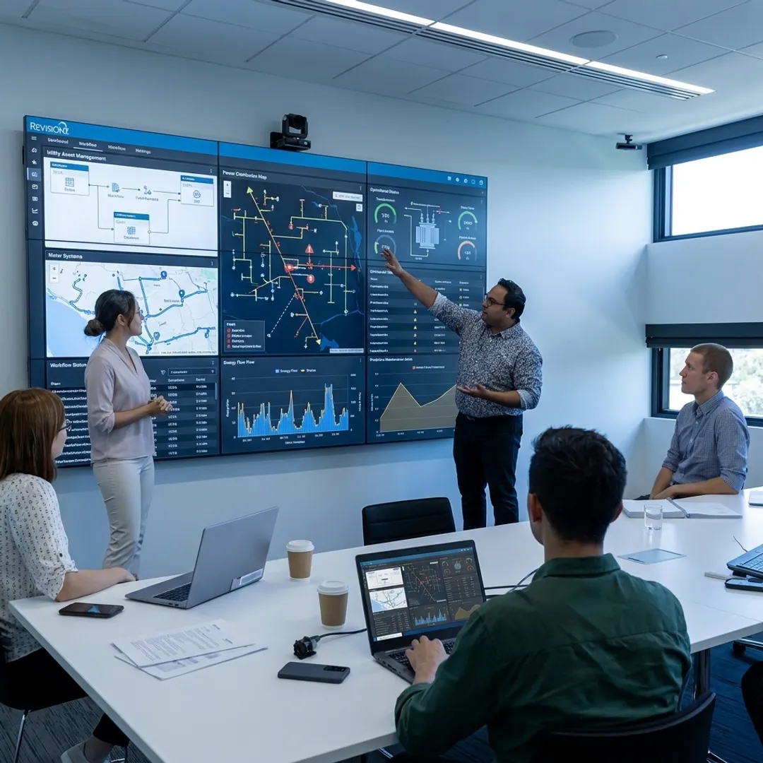 Utility operations team reviewing digital asset data