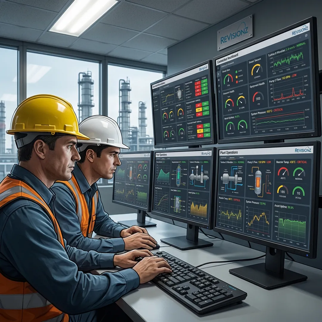 Industrial IoT consultants reviewing connected asset dashboards