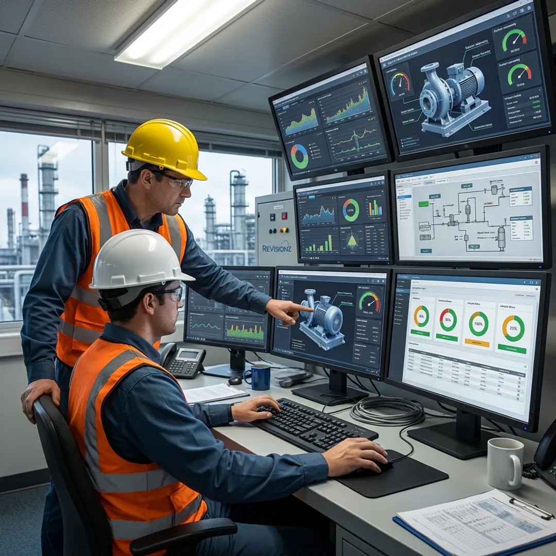 Engineers reviewing industrial digital operations dashboards