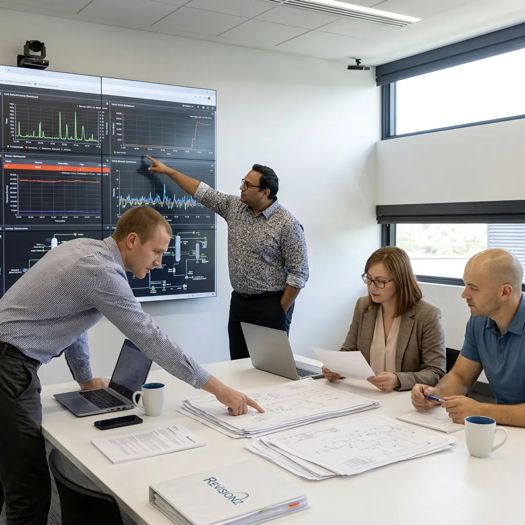Consultants reviewing industrial asset data process