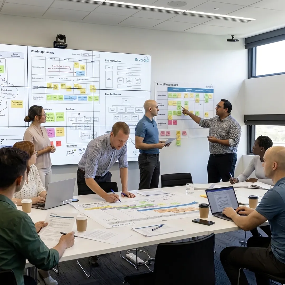 Consultants facilitating an industrial transformation roadmap workshop