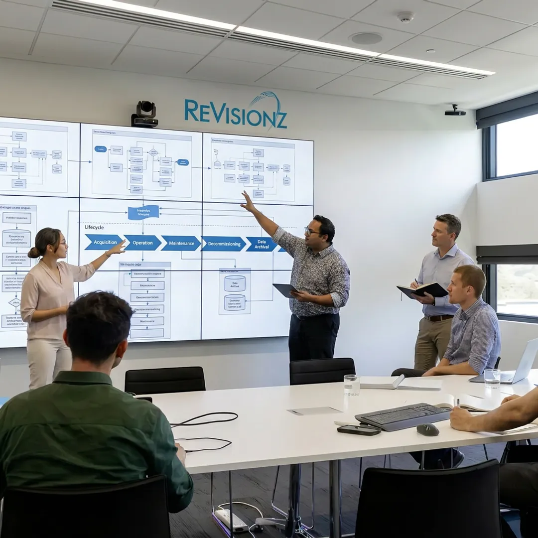 Consultants mapping asset information lifecycle workflows