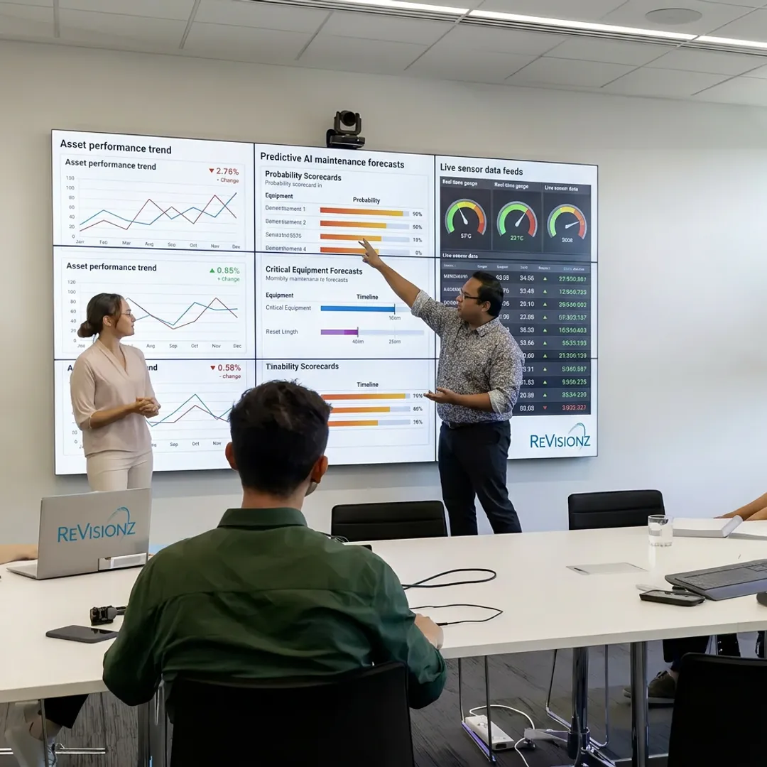 Consultants analyzing industrial predictive analytics dashboards