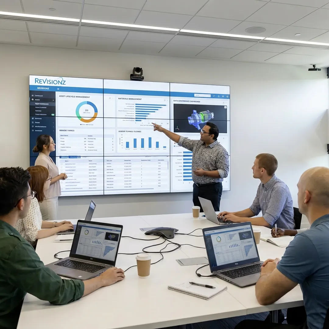 Technical implementation consultants reviewing industrial software