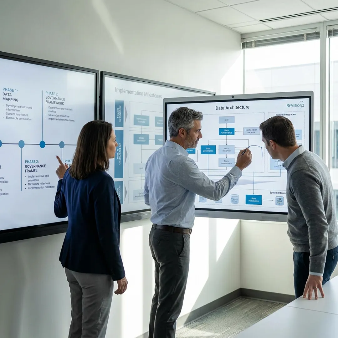 Consultants planning technical implementation workflow