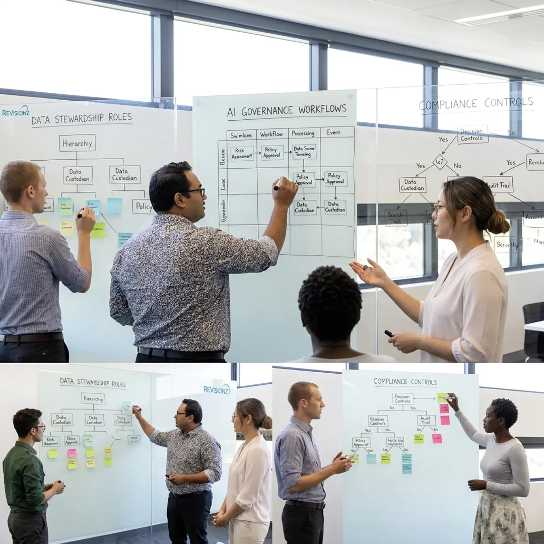 Consultants mapping AI governance process steps