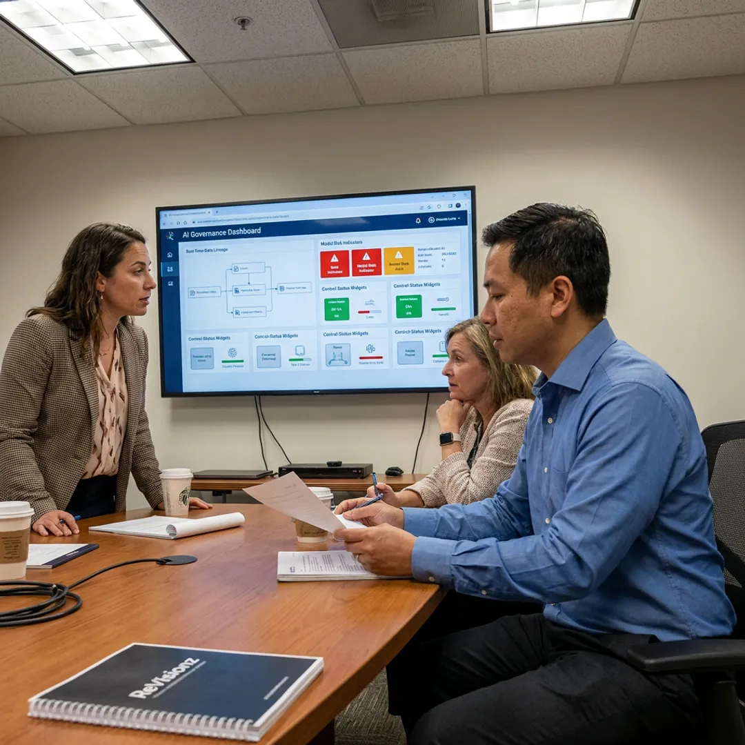 AI governance consultants reviewing data risk dashboards