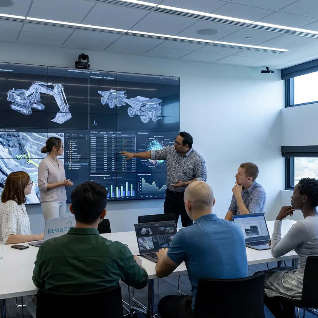 Mining engineering consultants reviewing digital operations data
