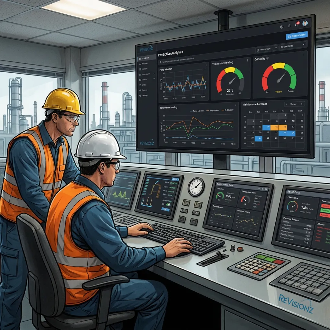 Engineers reviewing industrial AI analytics dashboard