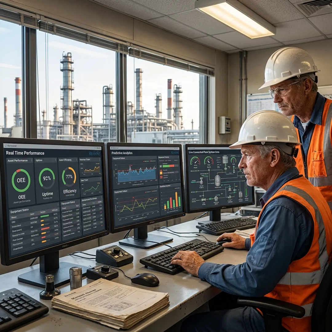 Industrial team reviewing digital operations dashboards