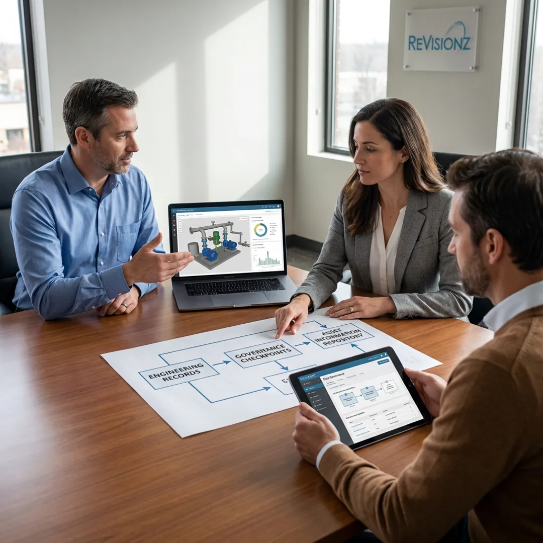 Consultants reviewing industrial asset data dashboards