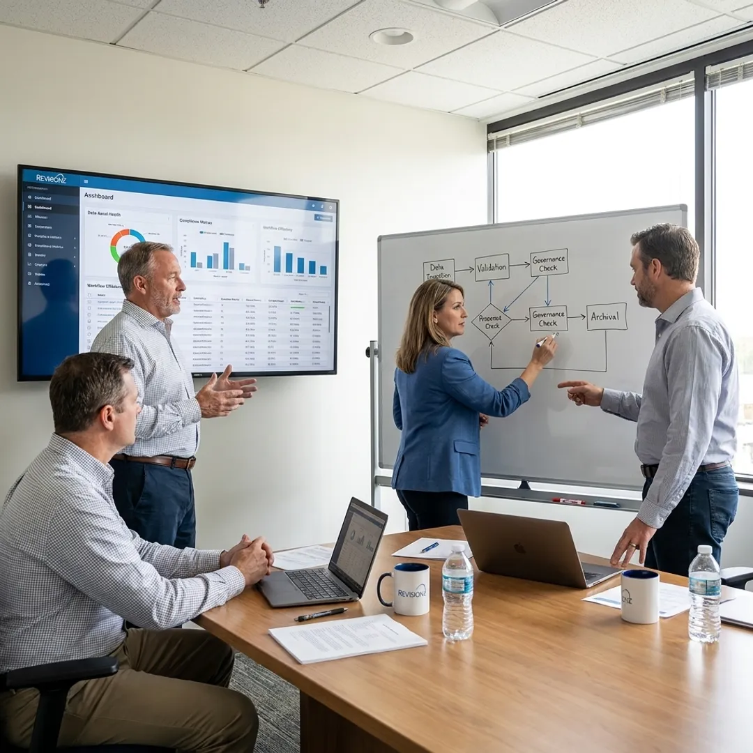 Consultants mapping data governance workflows