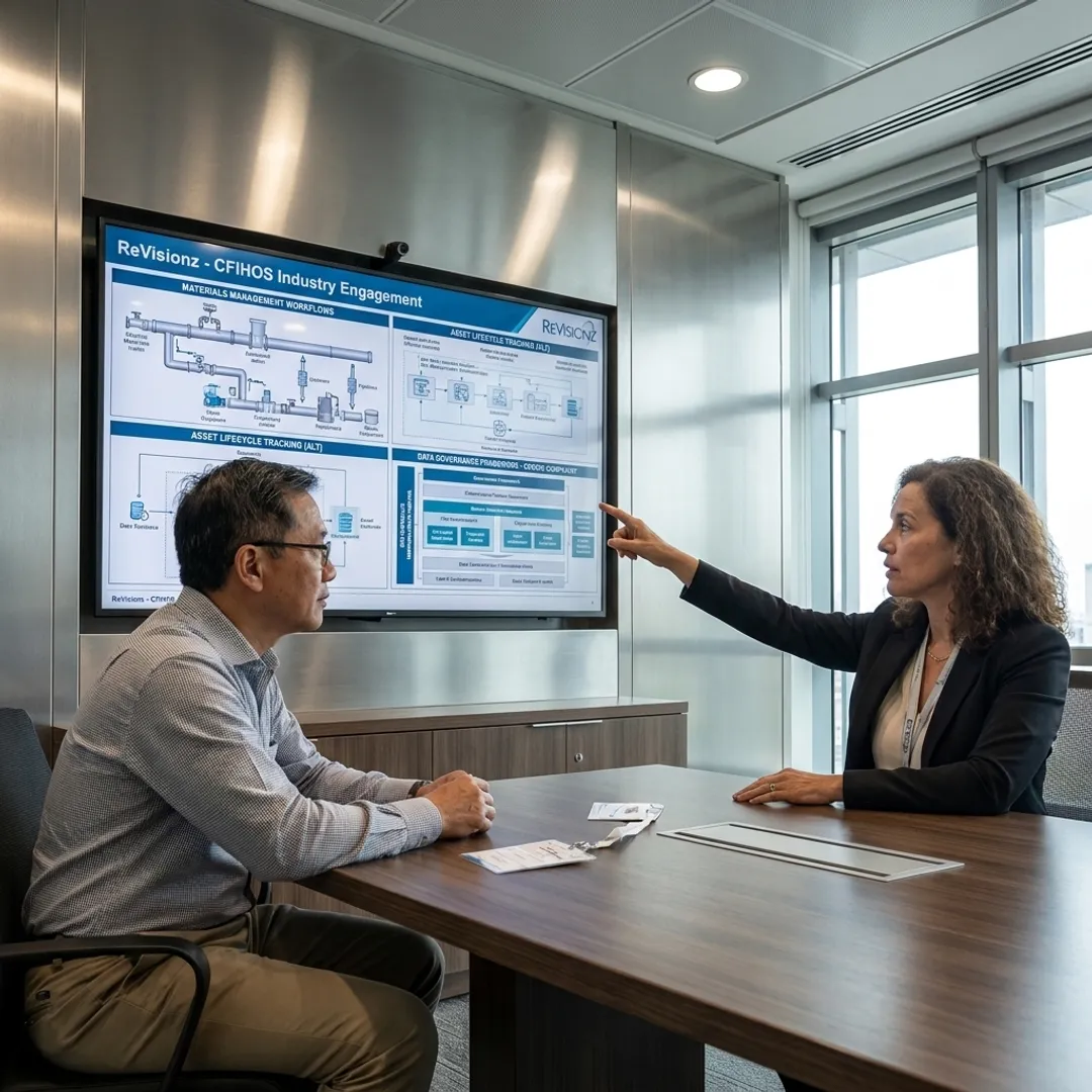 Data governance consultants reviewing industrial workflow dashboards