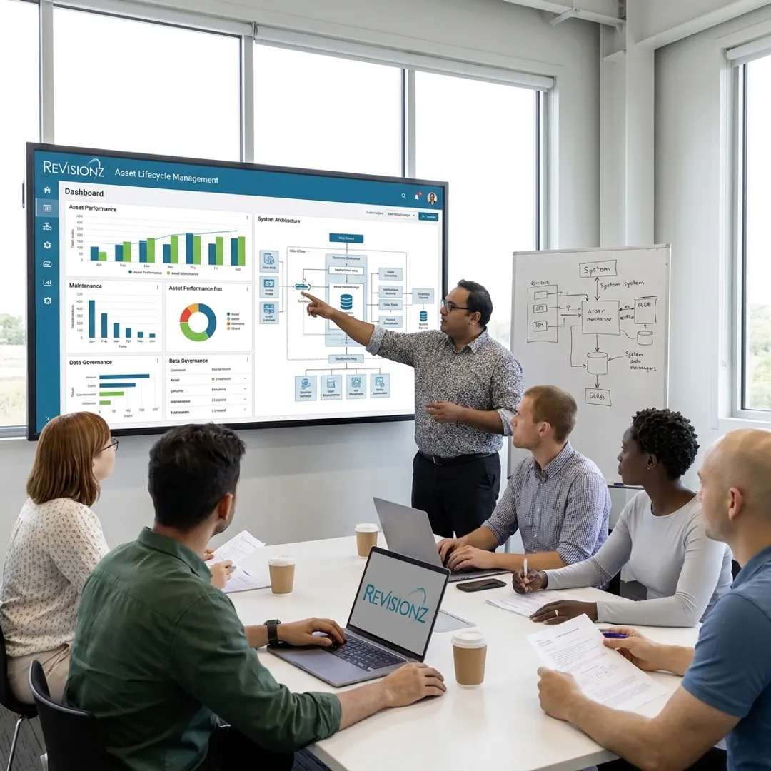 Consultants reviewing industrial information systems dashboard