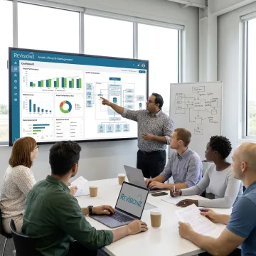 Consultants reviewing industrial information systems dashboard