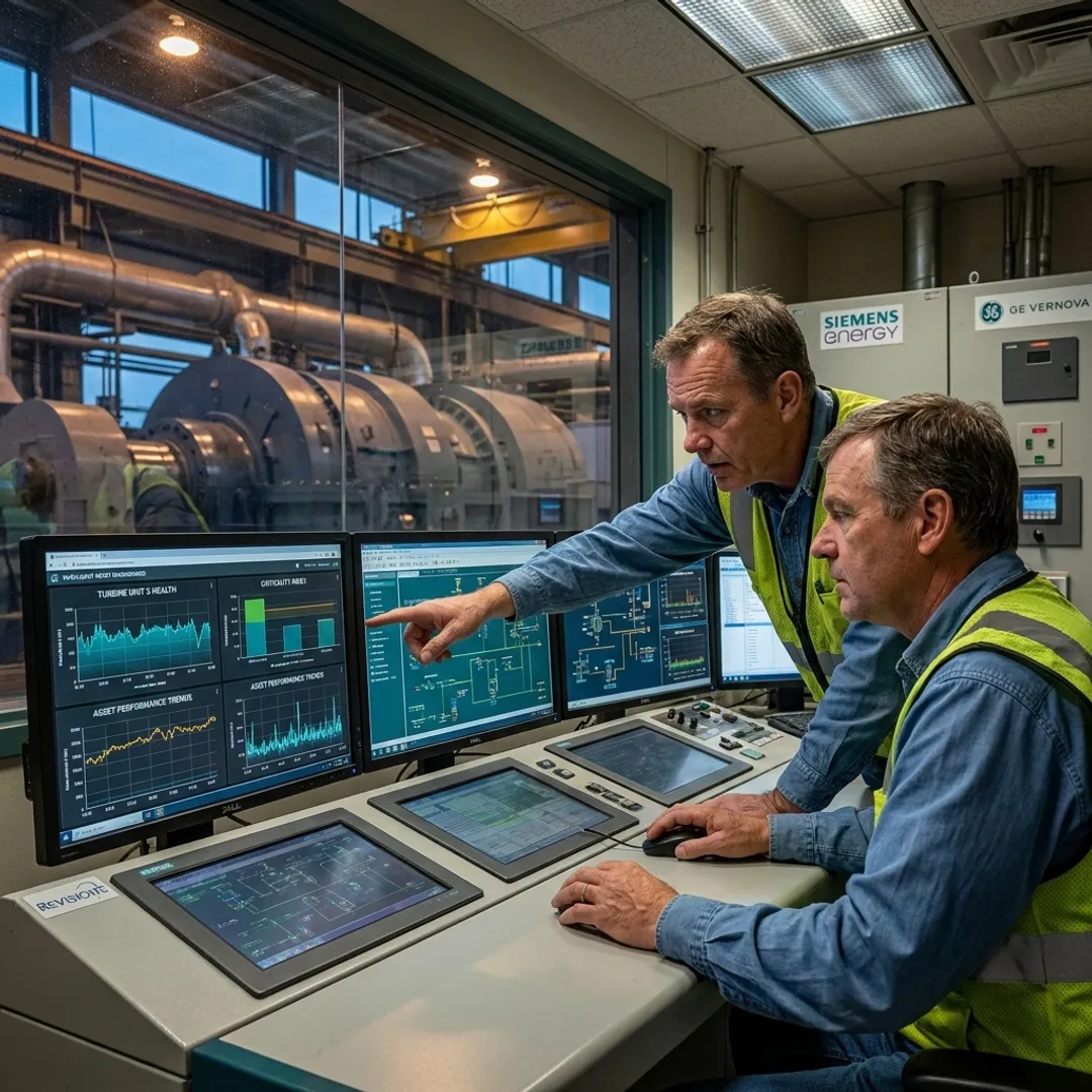 Power plant team reviewing intelligent asset management dashboard