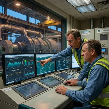 Power plant team reviewing intelligent asset management dashboard