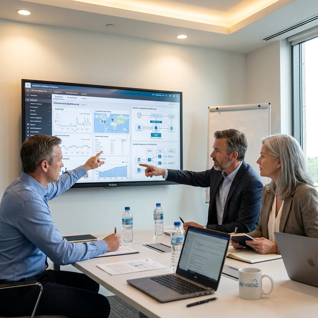 Technology consultants reviewing connected industrial data platforms