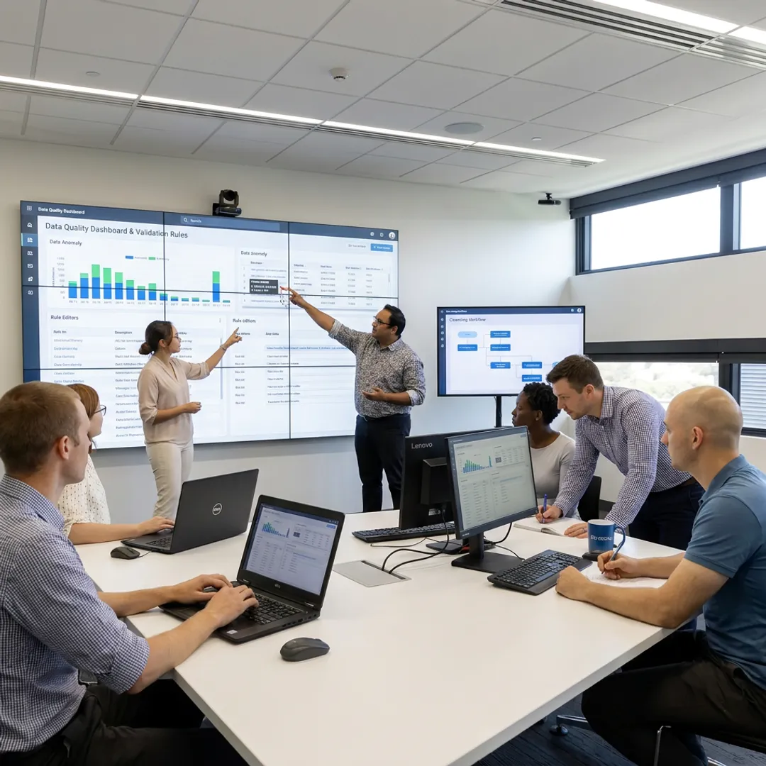 Data consultants validating asset records on digital dashboards