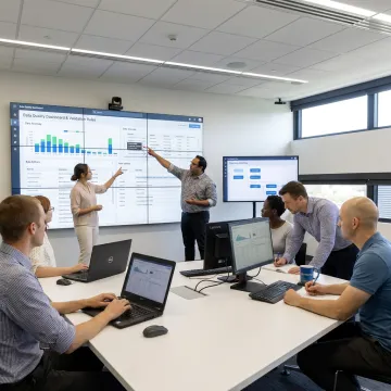 Data consultants validating asset records on digital dashboards
