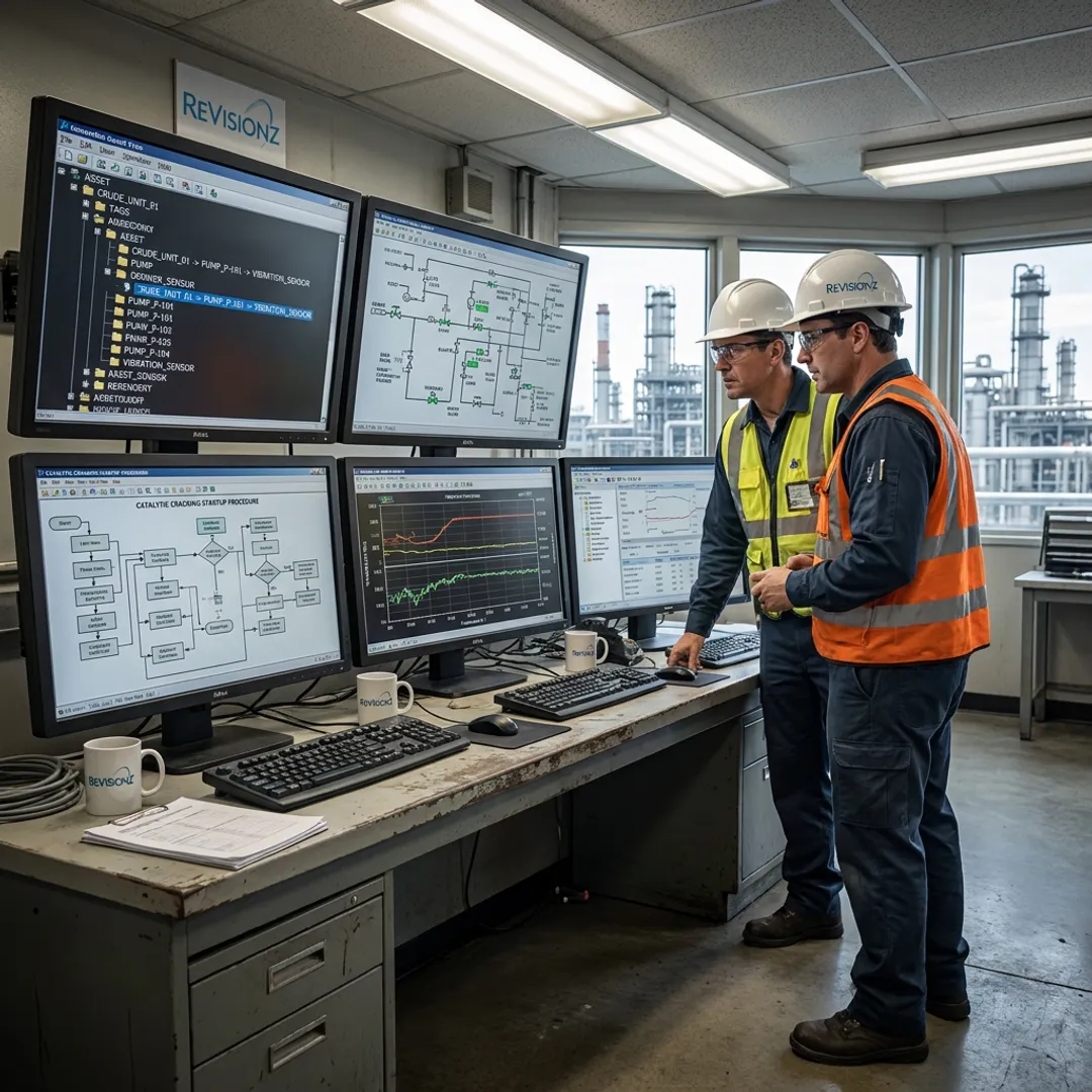 Digital refinery consultants reviewing asset data workflows