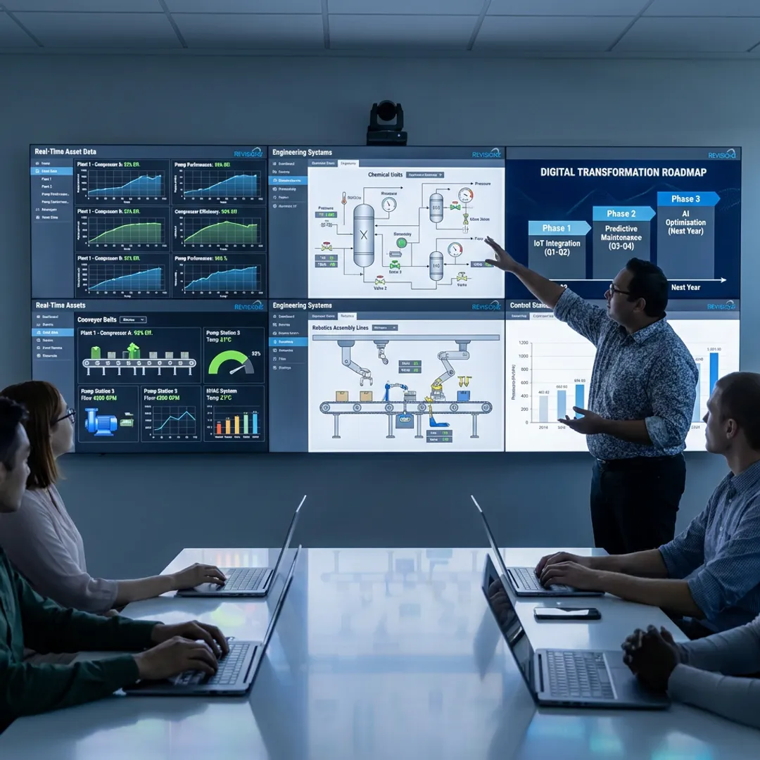 Industrial team reviewing digital asset operations roadmap
