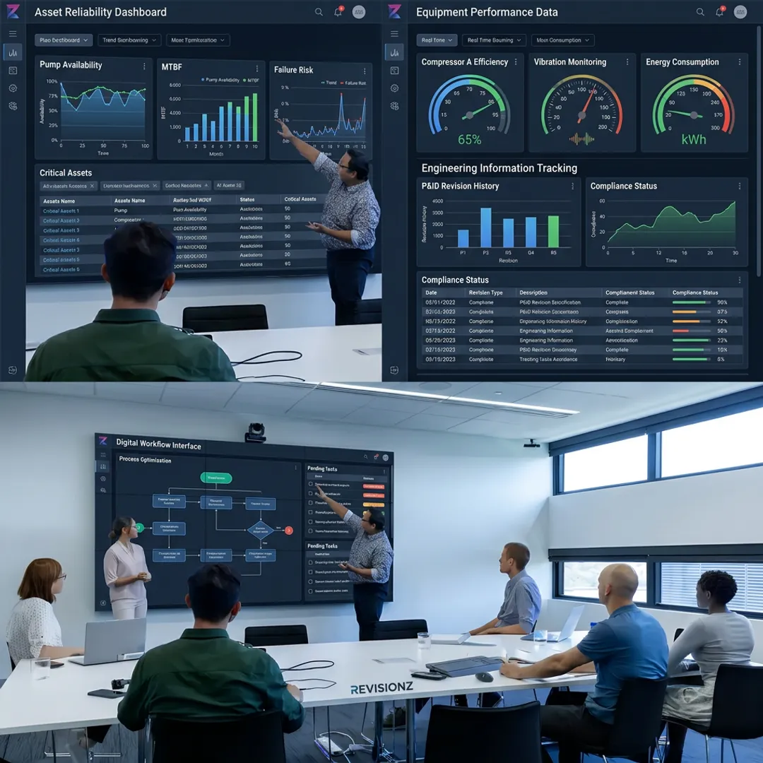 Engineering team reviewing asset data dashboards