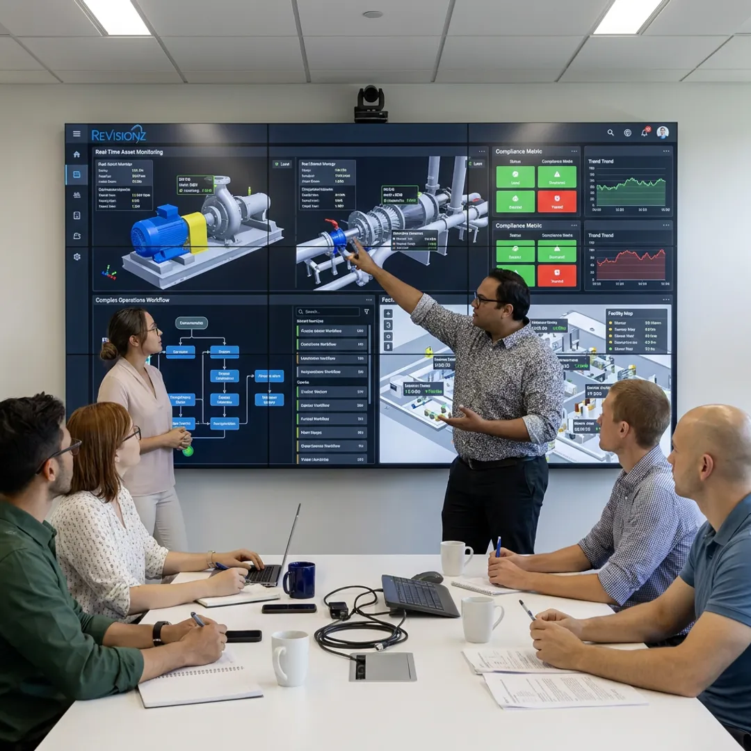 Industrial team reviewing digital asset performance dashboards