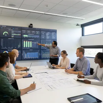 Industrial consultants reviewing asset data dashboards