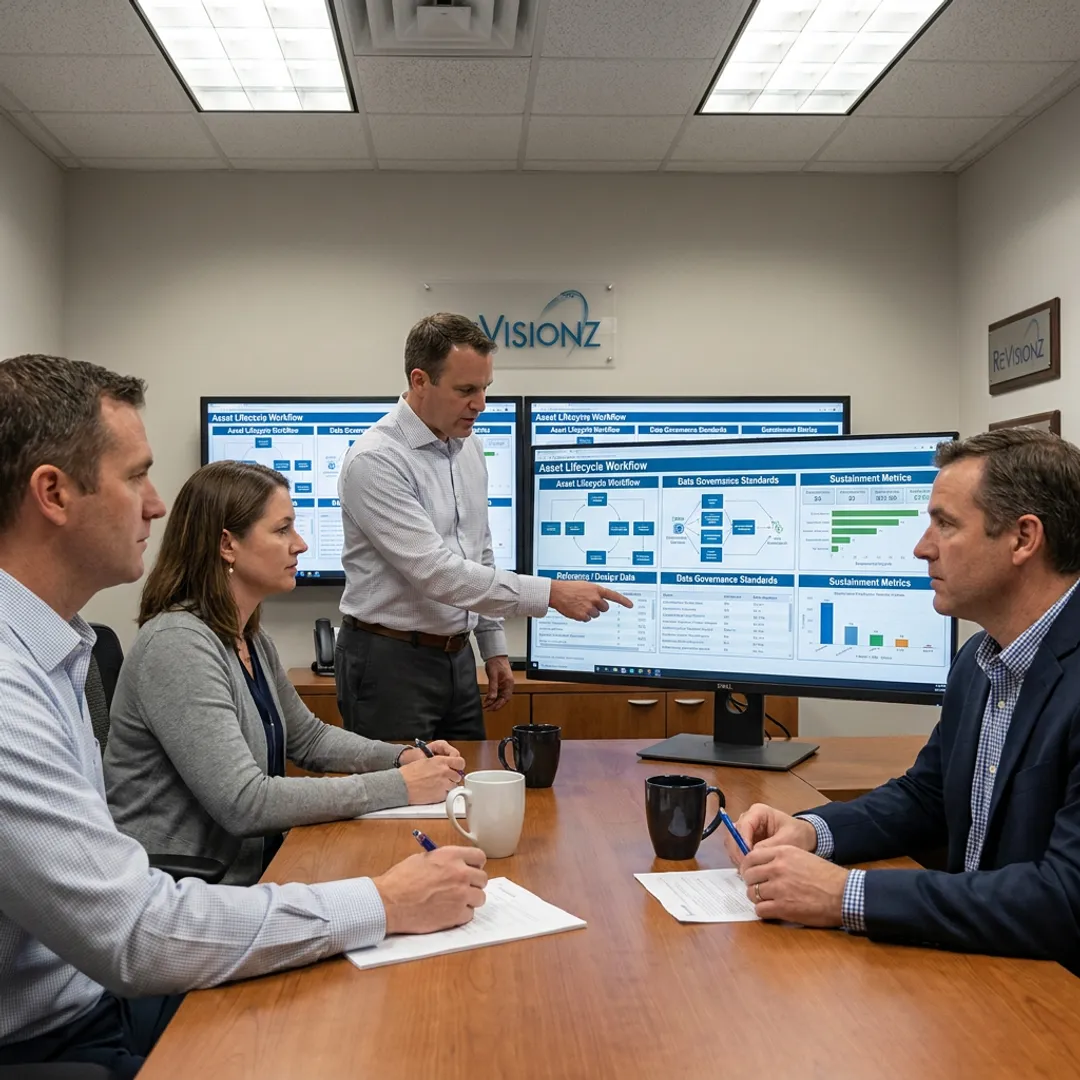 Consultants mapping sustainment workflows and asset data governance