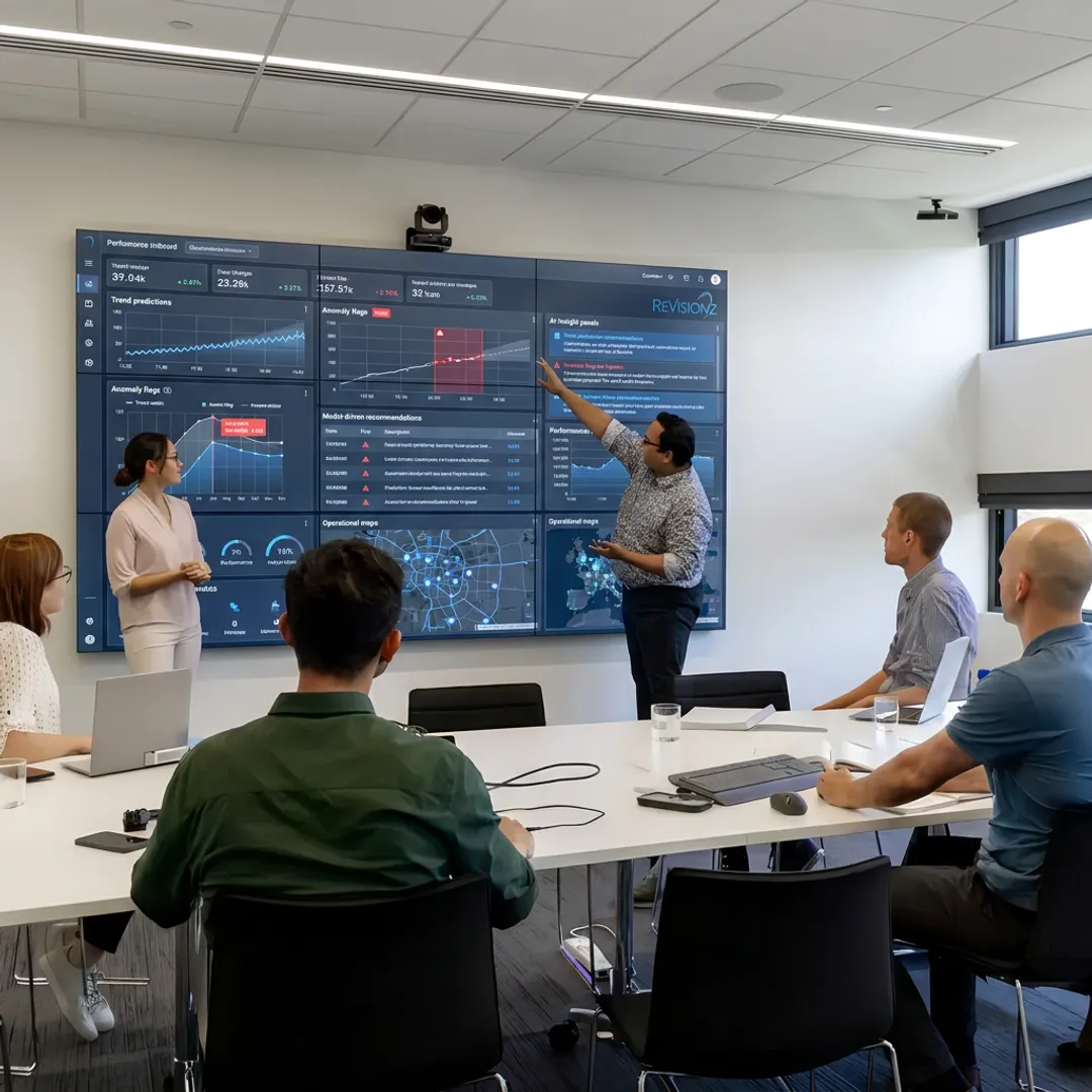 Industrial team reviewing production intelligence dashboards