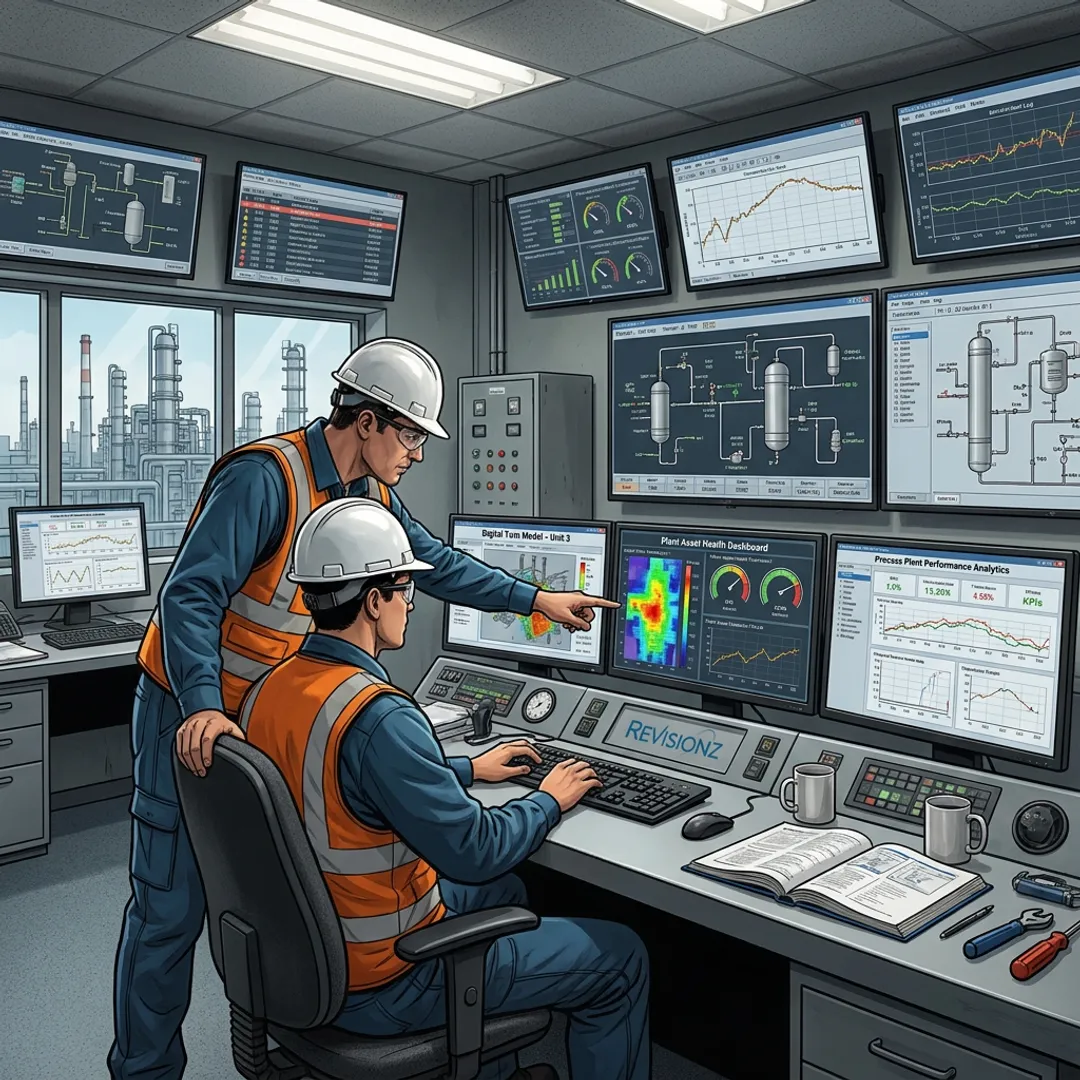Engineers reviewing industrial data dashboards