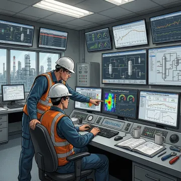 Engineers reviewing industrial data dashboards