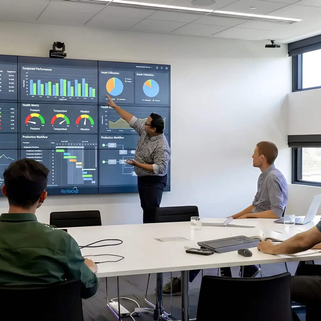 Production management team reviewing digital asset data
