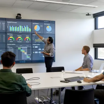 Production management team reviewing digital asset data