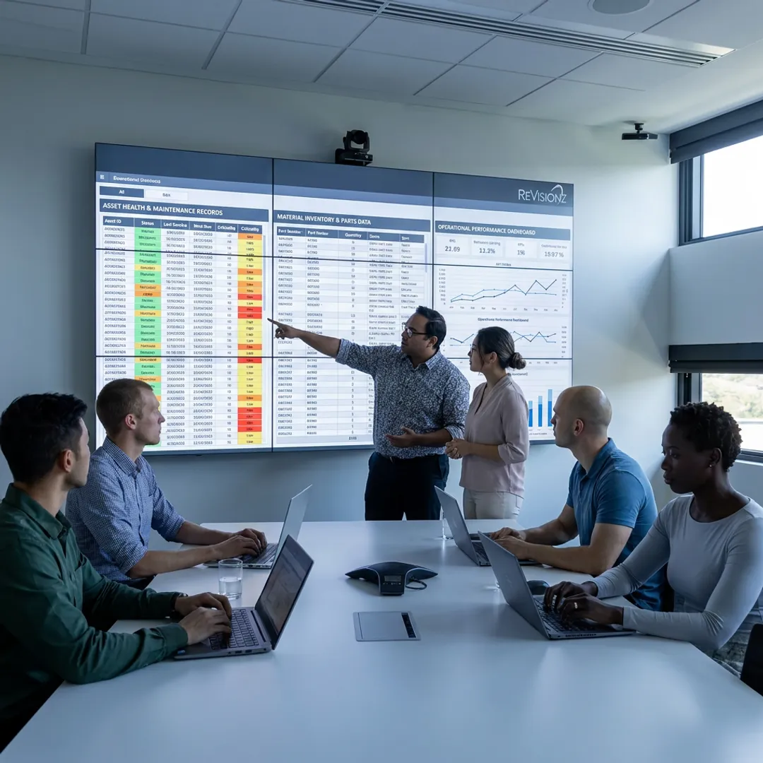 Consultants reviewing parts data workflows on digital dashboards