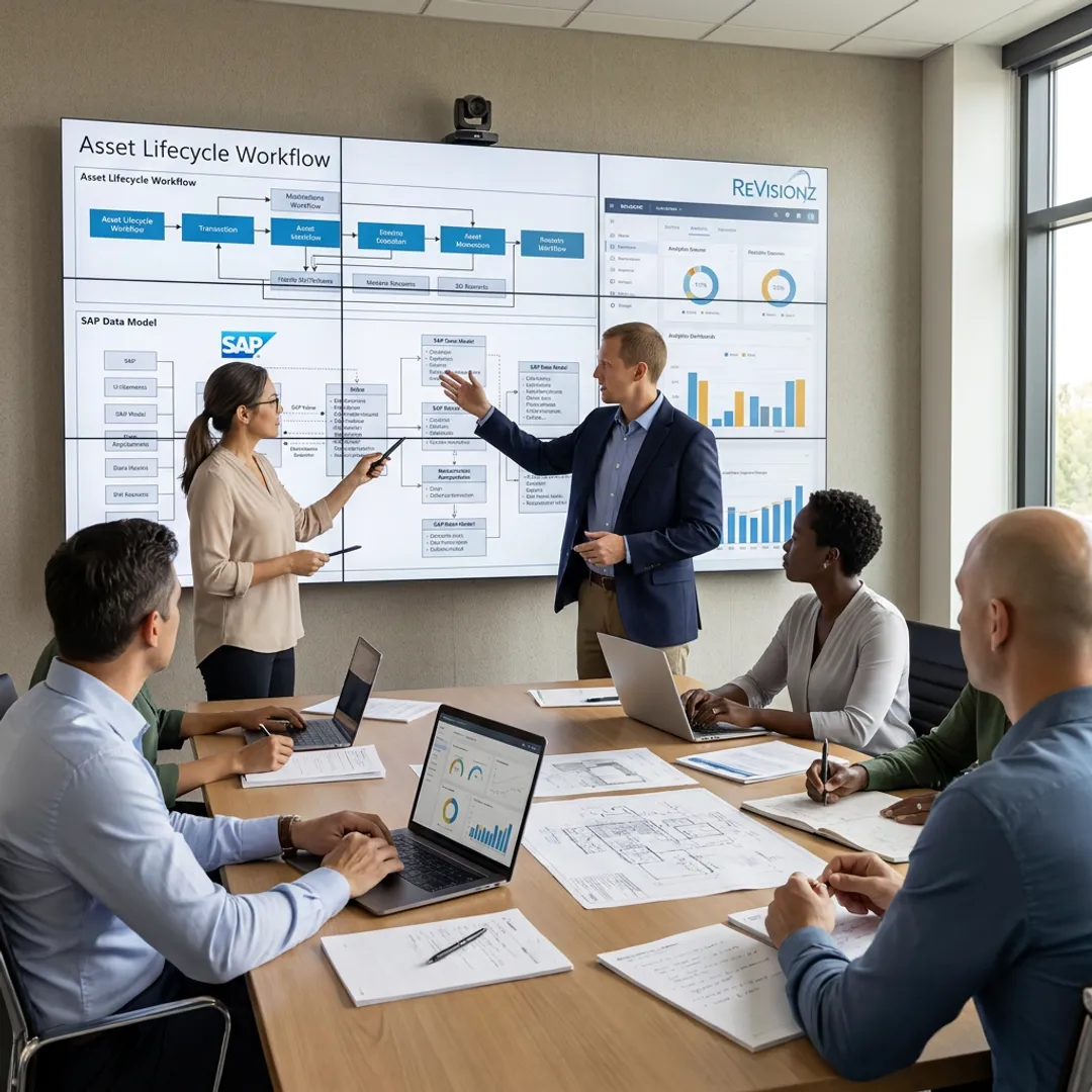 Consultants reviewing SAP ECO lifecycle workflow diagrams