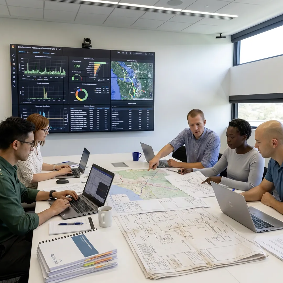 Consultants reviewing infrastructure assessment data