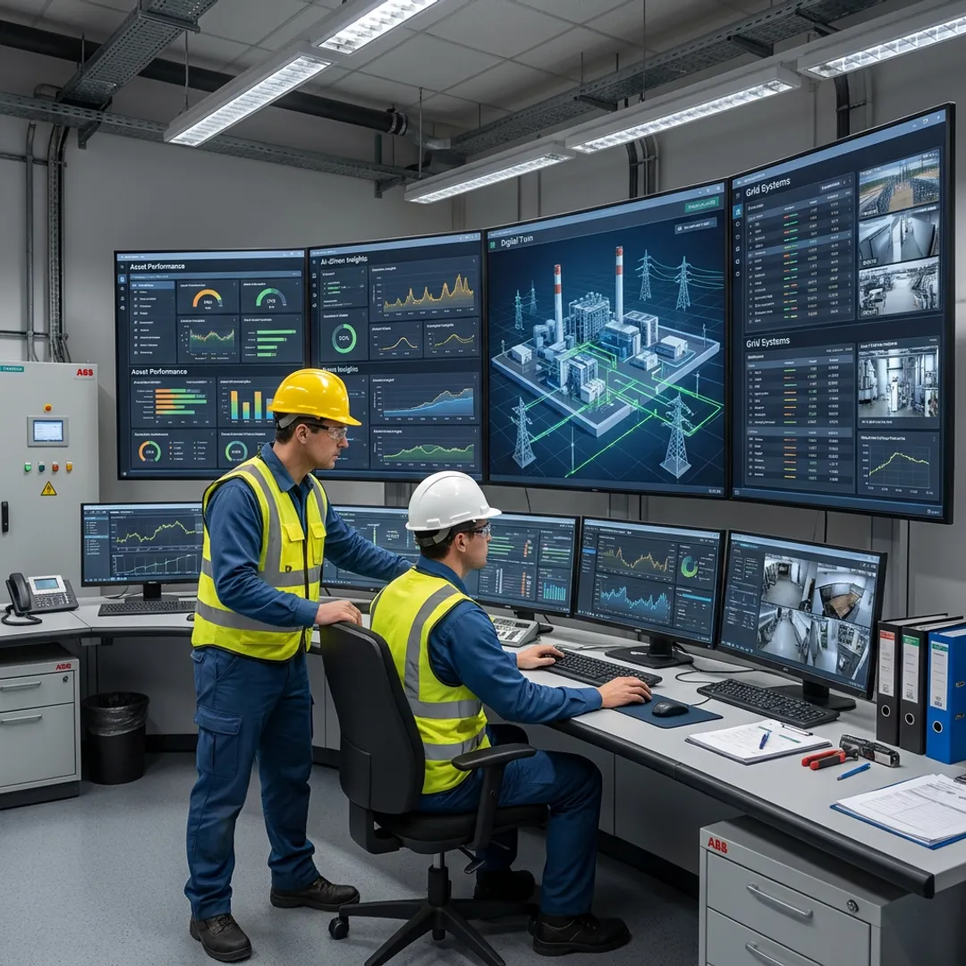 Engineers reviewing digital power asset dashboards