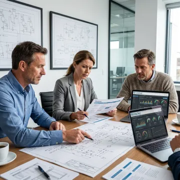 Digital production strategy team reviewing industrial asset data